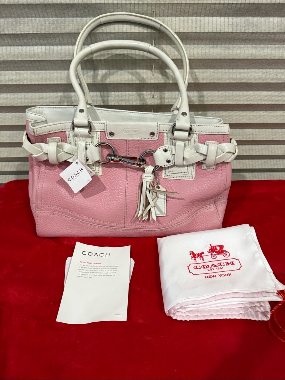 COACH Pink and White Leather Satchel with Braided Trim